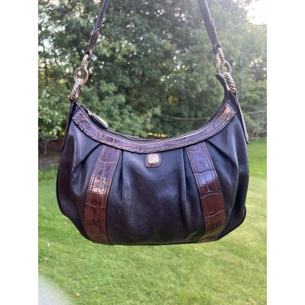 Brighton Black Brown Leather Hobo Shoulder Bag Croc Embossed Silver Hardware